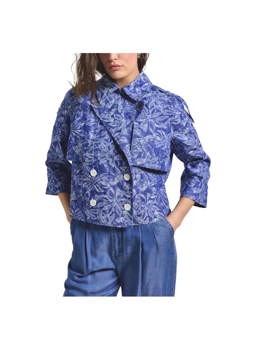 Blue Floral Cropped Double-Breasted Jacket
